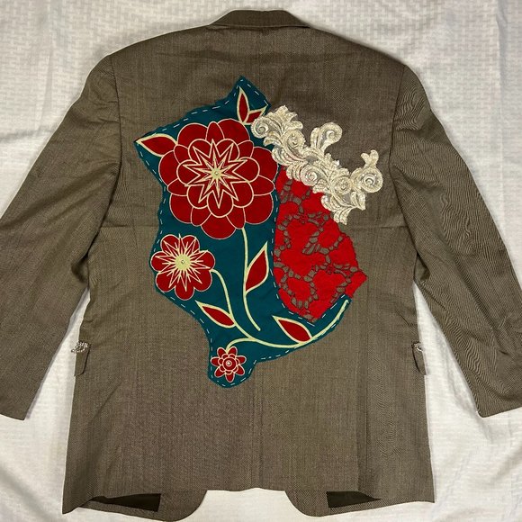 Upcycled Embellished Ankara/Sequin Lace/Rhinestone Blazer Wool M - Picture 2 of 11